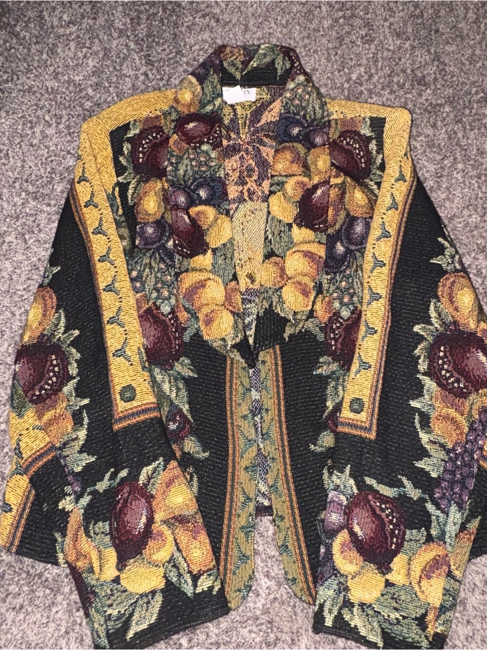 Vintage Black Tapestry Blazer with Yellow Trim and Burgundy Fruit Accents